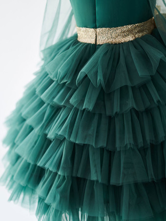 フラワーガールドレスグリーンVネック長袖サッシュキッズソーシャルパーティードレス