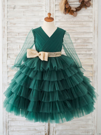 Robe fille de fleur verte en tulle col v manche longue transparente zip sur dos décoré de noeud Robe cortège enfant