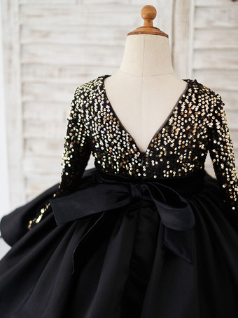 フラワーガールドレスジュエルネックサテン生地長袖膝丈プリンセスシルエットサッシュフォーマルキッズページェントドレス