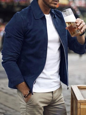 azul oscuro Hombres Chaquetas Elegante Verde Negro Elegante Cuello vuelto Mangas largas Poliéster Abrigo de ajuste regular