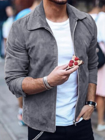 GrisHombres Chaquetas Elegante Verde Negro Elegante Cuello vuelto Mangas largas Poliéster Abrigo de ajuste regular