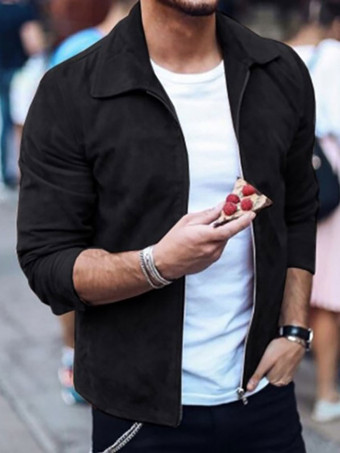 negro Hombres Chaquetas Elegante Verde Negro Elegante Cuello vuelto Mangas largas Poliéster Abrigo de ajuste regular