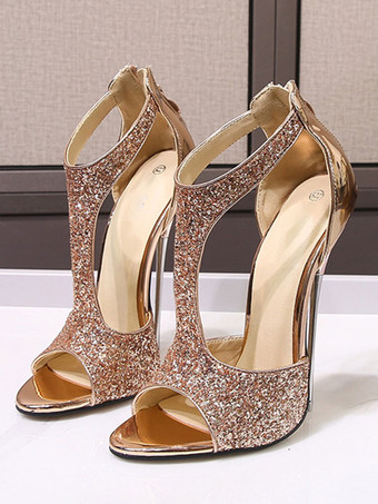 女性のためのセクシーなサンダル黒いスパンコールのついた布のぞき見つま先ジッパーTストラップヒール