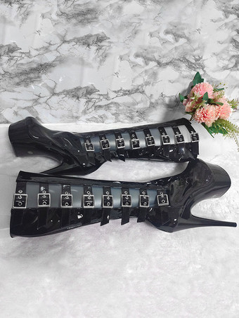 女性のセクシーなハイヒールブーツラウンドトゥジッパーバックル幾何学的なスティレットヒールレイブクラブサイハイブーツブラックオーバーザニーブーツ