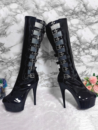 女性のセクシーなハイヒールブーツラウンドトゥジッパーバックル幾何学的なスティレットヒールレイブクラブサイハイブーツブラックオーバーザニーブーツ