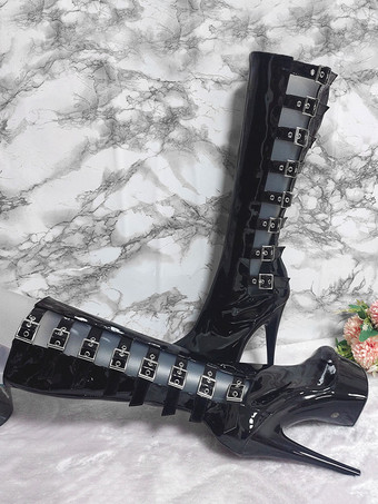 女性のセクシーなハイヒールブーツラウンドトゥジッパーバックル幾何学的なスティレットヒールレイブクラブサイハイブーツブラックオーバーザニーブーツ