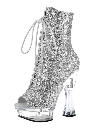 シルバー セクシーなハイヒールブーツラウンドトゥジッパースパンコール幾何学的なゴブレットヒールレイブクラブブラックサイハイブーツ ポールダンスシューズ