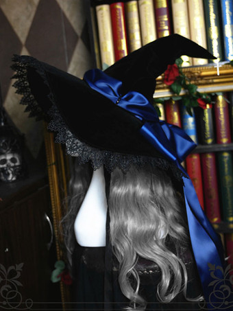 ダークネイビーゴシックロリータハット ロリータウィッチハット ボウレース アクセサリーレース ボウポリエステルパープル