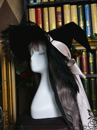 ライトゴールゴシックロリータハット ロリータウィッチハット ボウレース アクセサリーレース ボウポリエステルパープル