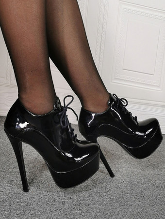 女性のセクシーなハイヒールチェーンスティレットヒールレースアップパテントPUアッパーブルースカイハイヒールパンプス