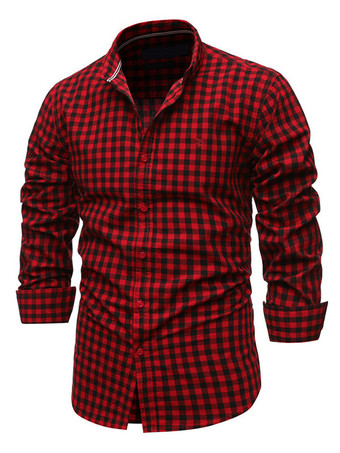 Color borgoñaCamisa casual para hombre Cuello vuelto Elegante Plaid Rojo Camisas para hombre