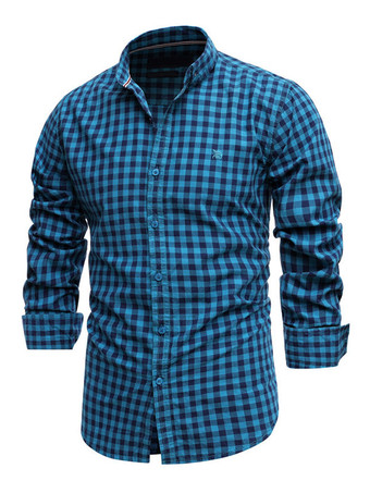 azul Camisa casual para hombre Cuello vuelto Elegante Plaid Rojo Camisas para hombre