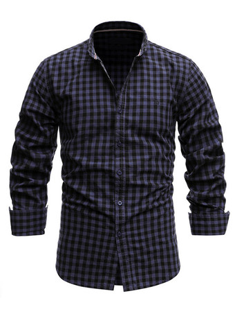 Azul marino oscuro  Camisa casual para hombre Cuello vuelto Elegante Plaid Rojo Camisas para hombre