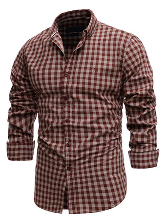 MarrónCamisa casual para hombre Cuello vuelto Elegante Plaid Rojo Camisas para hombre