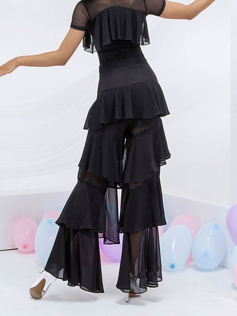 社交ダンスコスチュームブラックポリエステルボトムフレアパンツダンスドレス