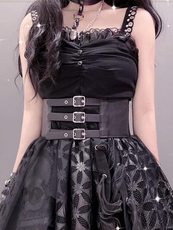 ゴシックロリータカマーバンドメタルディテールグロメットメタリックPUレザーその他ブラックロリータアクセサリー