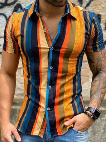 OrangeCasual Shirt For Men Turndown Collar Chic Printed Orange Men's Shirts