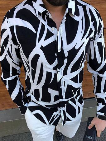 Black Casual Shirt For Man Turndown Collar Long Sleeves Chic Floral Printed Polyester Black Summer Shirts