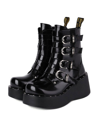 Lolita Boots Round Toe Zipper PU Leather Black Lolita Footwear