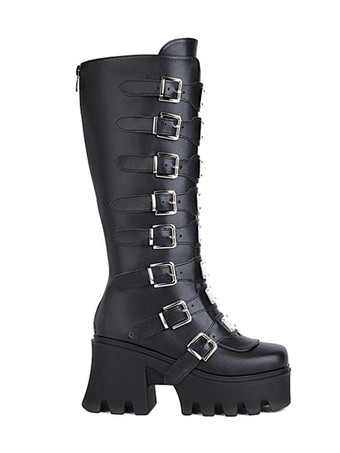 ロリータブーツラウンドトゥPUレザーブラックロリータフットウェア