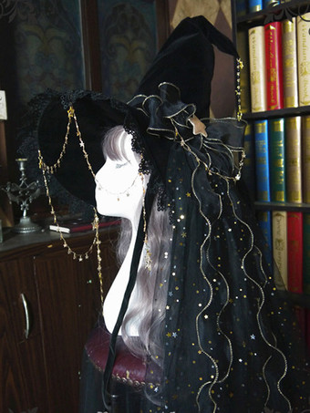 ブラック ロリータハット ウィッチハット ボウアクセサリー ボウスタープリントポリエステル ロリータアクセサリー ブラック