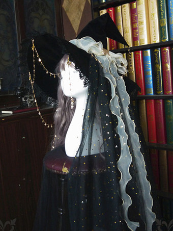 ライトゴールロリータハット ウィッチハット ボウアクセサリー ボウスタープリントポリエステル ロリータアクセサリー ブラック