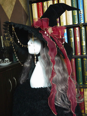 ワインレッド ロリータハット ウィッチハット ボウアクセサリー ボウスタープリントポリエステル ロリータアクセサリー ブラック