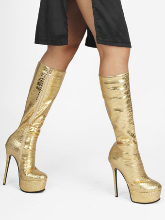 女性用メタリック クロコ プリント プラットフォーム スティレット ヒール ニーハイ ブーツ