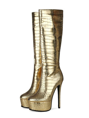 女性用メタリック クロコ プリント プラットフォーム スティレット ヒール ニーハイ ブーツ