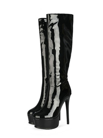 女性のプラットフォーム スティレット ヒール ニーハイ ブーツ パテント レザー
