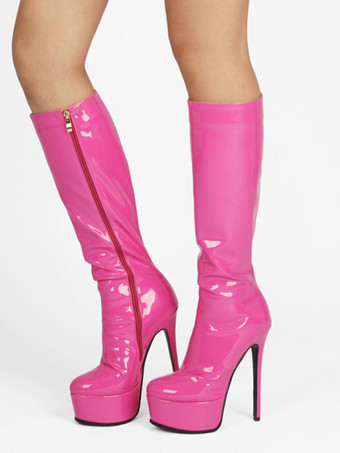 ローズレッド女性のプラットフォーム スティレット ヒール ニーハイ ブーツ パテント レザー