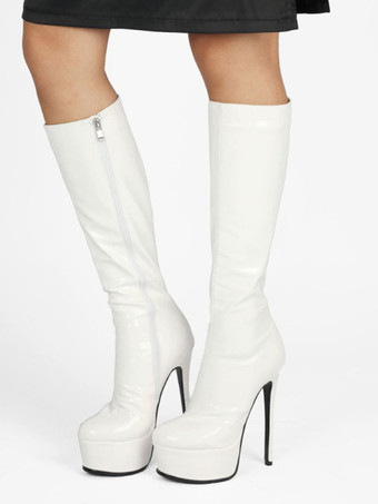 ホワイト 女性のプラットフォーム スティレット ヒール ニーハイ ブーツ パテント レザー