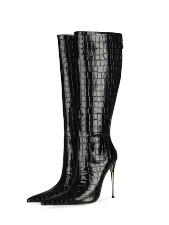 ブラック 女性の膝の高いブーツスティレットヒール先のとがったつま先PUレザーバーガンディブーツ