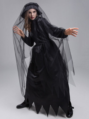 ハロウィン 女性のためのハロウィーンゴースト花嫁コスチューム黒怖いポリエステルレースドレス帽子ホリデーコスチュームフルセット