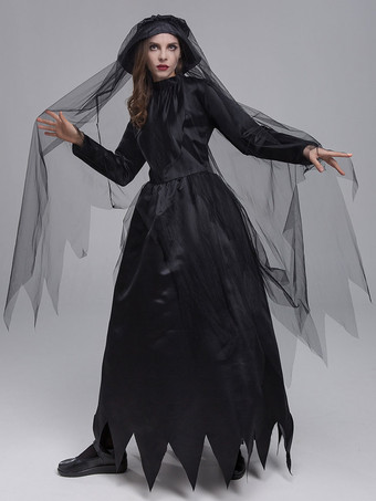 ブラック ハロウィン 女性のためのハロウィーンゴースト花嫁コスチューム黒怖いポリエステルレースドレス帽子ホリデーコスチュームフルセット