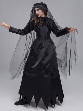ハロウィン 女性のためのハロウィーンゴースト花嫁コスチューム黒怖いポリエステルレースドレス帽子ホリデーコスチュームフルセット