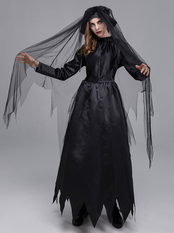 ハロウィン 女性のためのハロウィーンゴースト花嫁コスチューム黒怖いポリエステルレースドレス帽子ホリデーコスチュームフルセット