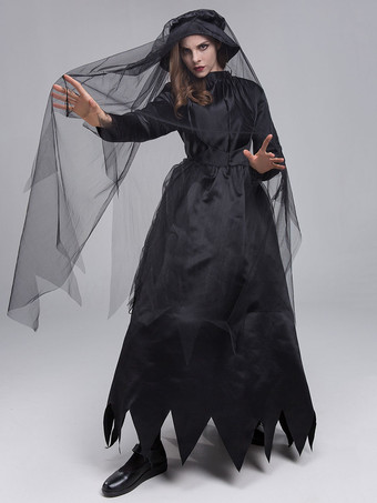 ハロウィン 女性のためのハロウィーンゴースト花嫁コスチューム黒怖いポリエステルレースドレス帽子ホリデーコスチュームフルセット
