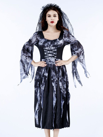 ハロウィン 女性のためのハロウィーンゴースト花嫁コスチューム黒怖いベールポリエステルレースドレスホリデーコスチューム