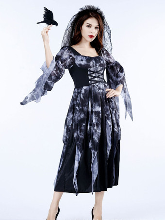 ハロウィン 女性のためのハロウィーンゴースト花嫁コスチューム黒怖いベールポリエステルレースドレスホリデーコスチューム