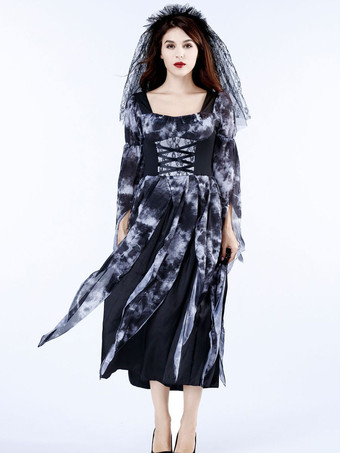 ハロウィン 女性のためのハロウィーンゴースト花嫁コスチューム黒怖いベールポリエステルレースドレスホリデーコスチューム