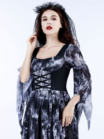 ハロウィン 女性のためのハロウィーンゴースト花嫁コスチューム黒怖いベールポリエステルレースドレスホリデーコスチューム