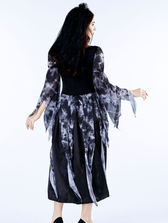 ハロウィン 女性のためのハロウィーンゴースト花嫁コスチューム黒怖いベールポリエステルレースドレスホリデーコスチューム