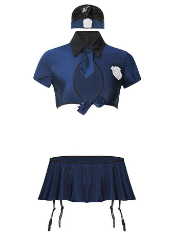 セクシーな警官コスチュームクールなポリエステルネイビーハットミニスカートトップ3ピースベッドルーム警官コスチュームフルセット
