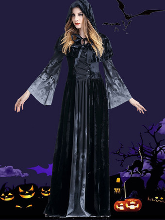 女性のためのハロウィーンの魔女の衣装黒い頭蓋骨怖いドレスマントポリエステル休日の衣装