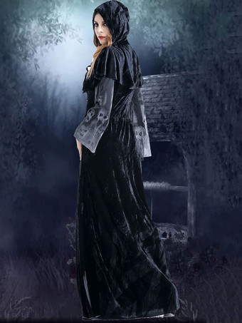 女性のためのハロウィーンの魔女の衣装黒い頭蓋骨怖いドレスマントポリエステル休日の衣装