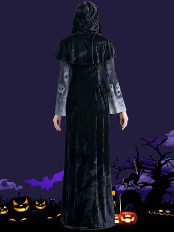 女性のためのハロウィーンの魔女の衣装黒い頭蓋骨怖いドレスマントポリエステル休日の衣装