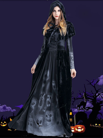 女性のためのハロウィーンの魔女の衣装黒い頭蓋骨怖いドレスマントポリエステル休日の衣装