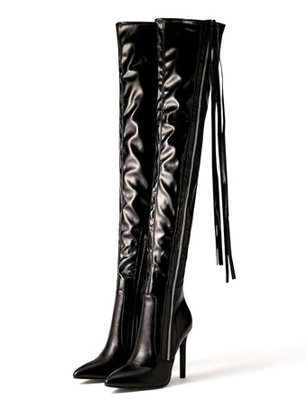 女性サイハイブーツスティレットヒールPUレザージッパーブラックオーバーザニーブーツ