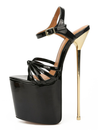 女性のためのセクシーなスカイハイヒールサンダルブラックPUレザーオープントゥスチレットヒールセクシーなアンクルストラップヒール ポールダンスシューズ